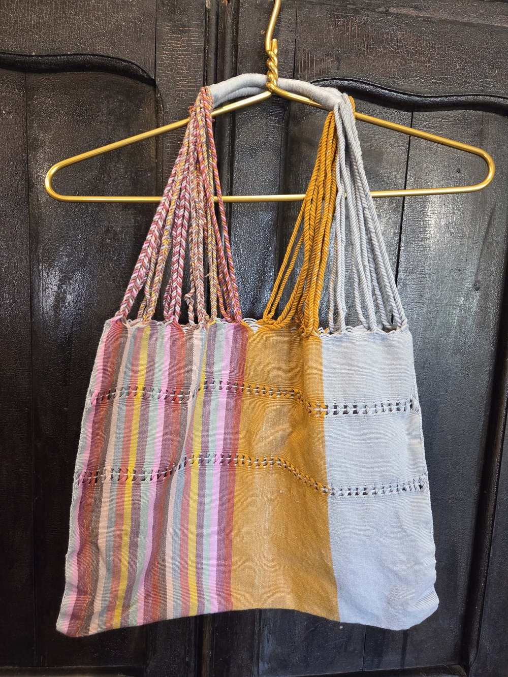 Woven Multicolor Stripe & Mustard Shoulder Tote Bag
